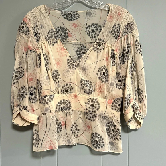 MINT Vintage 2Piece Set Silk Blouse Silk Wool Skirt Cream Dandelion Print Size 8 - Picture 2 of 15